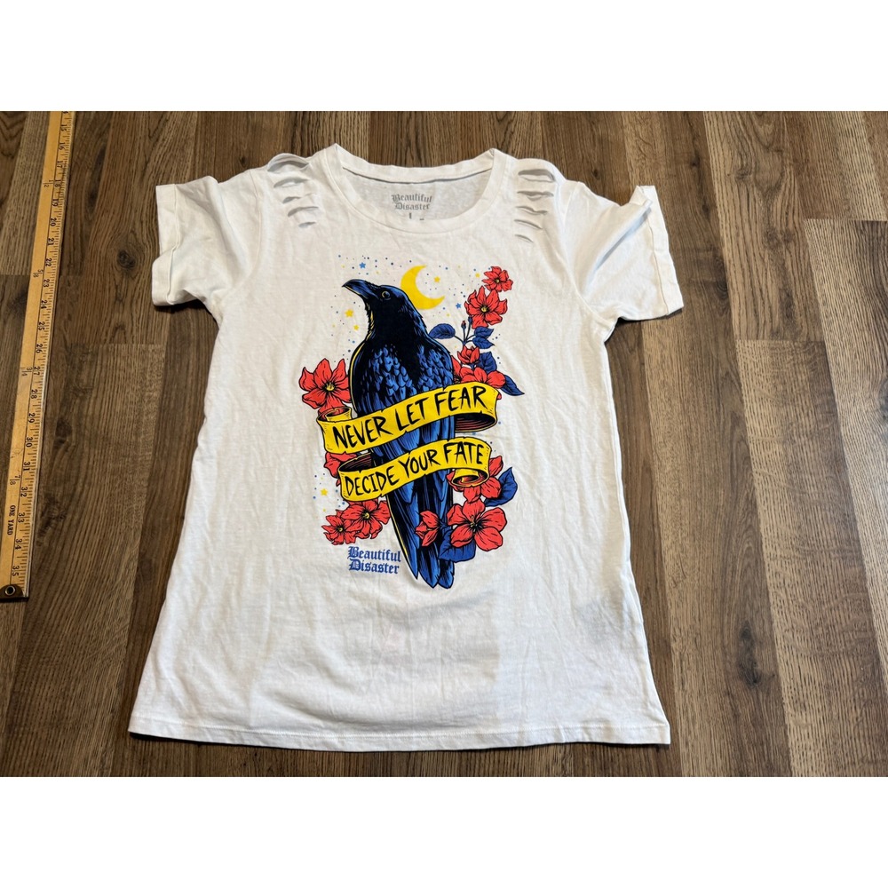 Beautiful Disaster Graphic Tee Women Large White Raven Crow Distressed Excellent